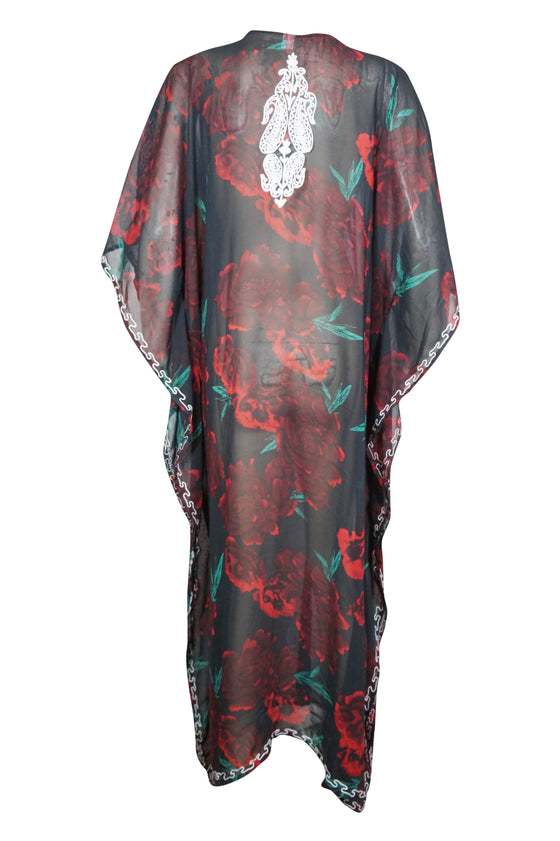 Kaftan Maxi Dress Georgette Red ,Black Floral Embroidered Resort Wear Dresses, 4XL