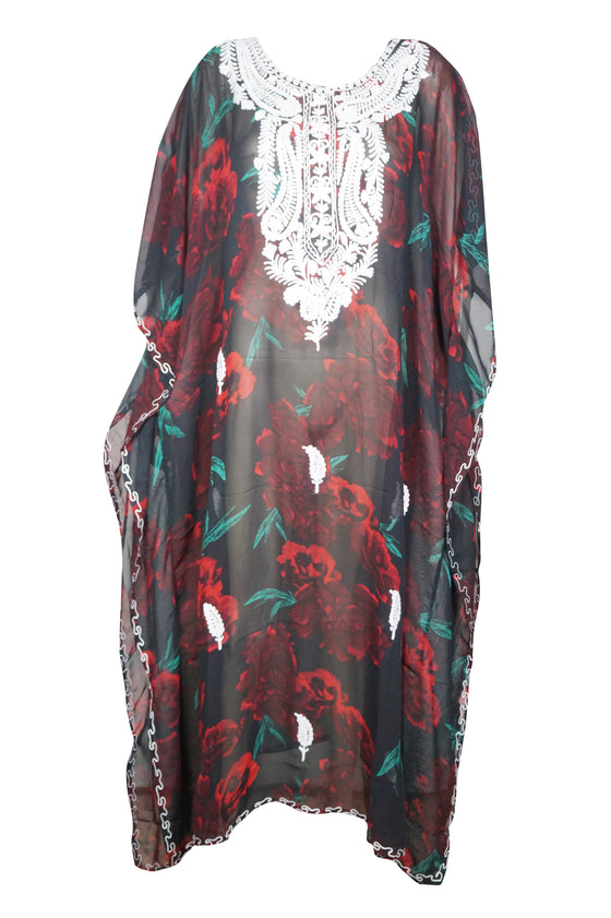 Kaftan Maxi Dress Georgette Red ,Black Floral Embroidered Resort Wear Dresses, 4XL