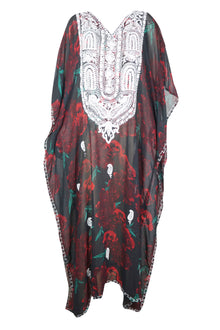  Kaftan Maxi Dress Georgette Red ,Black Floral Embroidered Resort Wear Dresses, 4XL