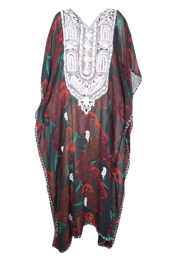 Kaftan Maxi Dress Georgette Red ,Black Floral Embroidered Resort Wear Dresses, 4XL