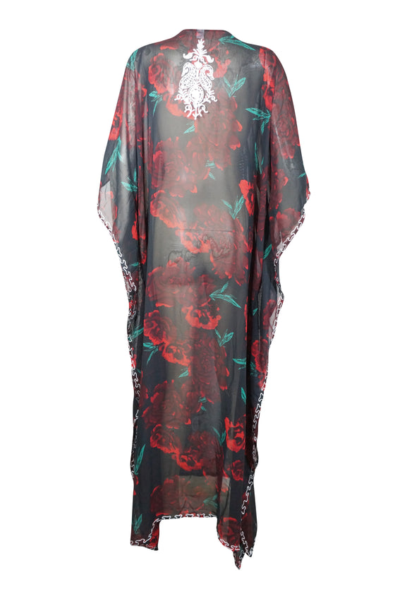 Kaftan Maxi Dress Georgette Red ,Black Floral Embroidered Resort Wear Dresses, 4XL