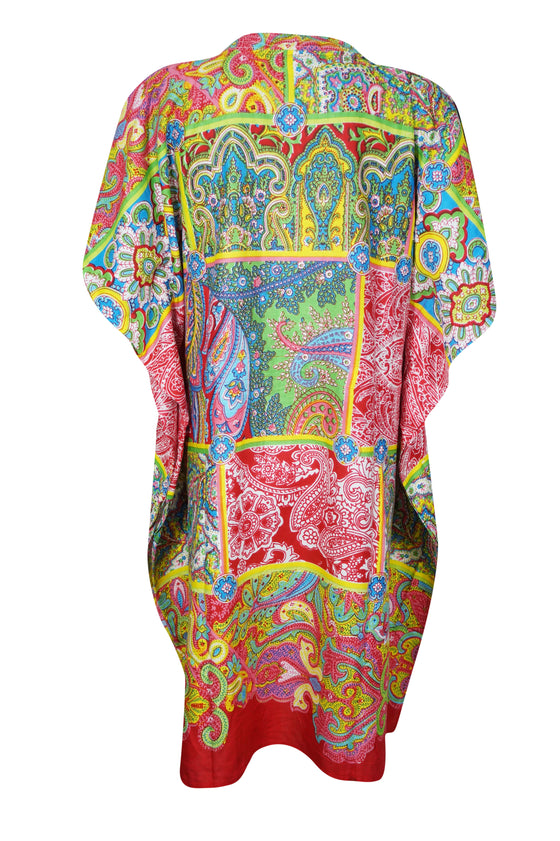 Women Boho Cotton Kaftan ,Green, Red Floral Patchwork Midi Caftan, Dress S/M/L