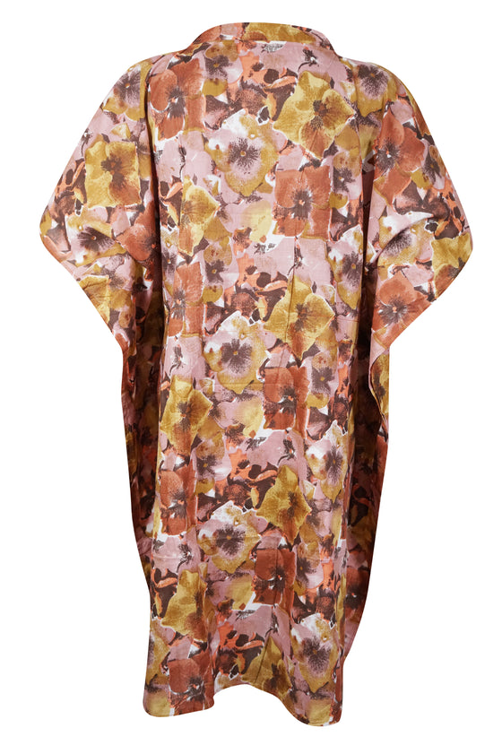 Kaftan for Women Cotton Kaftan Loose Short Beach Dress Brown Floral S/M