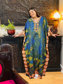  Womens Maxi Kaftan Dress Blue, Green Kimono Caftan Resort Dresses M-2X