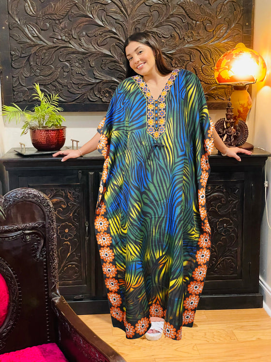 Womens Maxi Kaftan Dress Blue, Green Kimono Caftan Resort Dresses M-2X