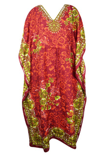  Boho Maxi Kaftan Dress Floral Red Kimono Caftan Resort Dresses M-2X