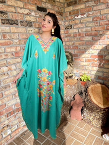  Sea Green Embroidered Cotton Maxi Kaftan Dress for Women  L-3XL