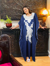 Blue Embroidered Cotton Floral Women's Caftan Maxi Dress L-3XL