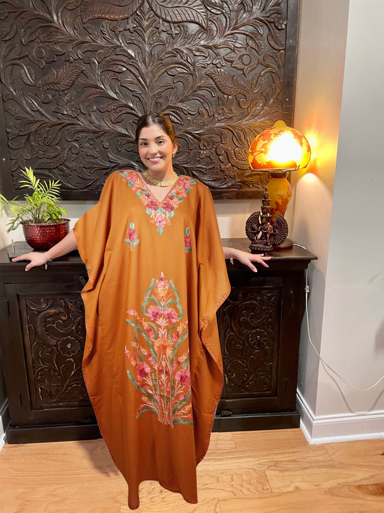 Embroidered Caftan Maxi dress Orange Handmade Kashmiri Kaftan  L-3XL