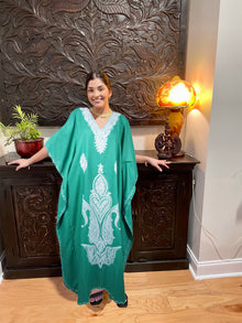  Women Kaftan Maxi Dress Sea Blue Embroidered Caftans  L-3XL