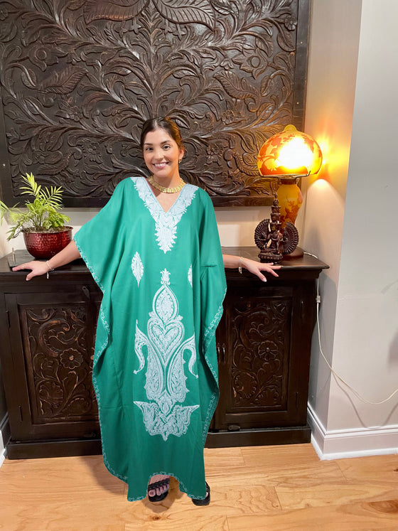 Women Kaftan Maxi Dress Sea Blue Embroidered Caftans  L-3XL