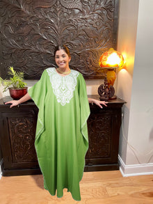  Spring Green Embroidered Kaftan Maxi dress Cotton Caftan L-3X