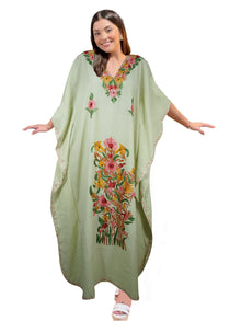  Womens Caftan Dress Green Floral Embroidered Kaftan L-2XL