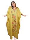 Women's Kaftan Maxi Dress, Yellow Cotton Embroidered Caftan L-2XL