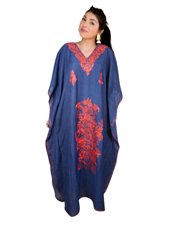 Women's Kaftan Maxi Dress Blue Beach Embroidered Caftans L-2XL