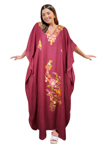  Women's Kaftan Maxi Dress Carmine Pink  Floral Embroidered Caftans L-2XL