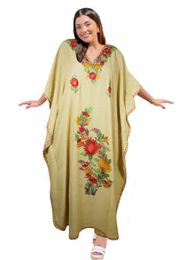  Womens Caftan Dress Beige Floral Embroidered Kaftan L-2XL