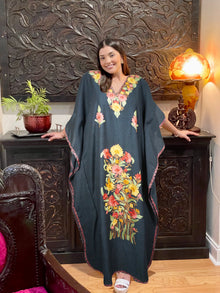  Boho Muumuu Maxi Kaftan, Black Embroidered Caftan Dress L-2XL