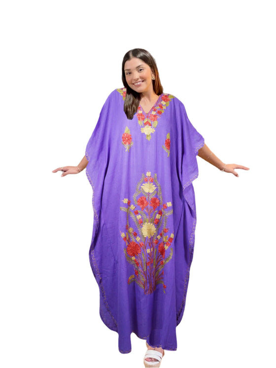 Womens Kaftan MAXI Dress Purple Embroidered Dress L-2XL