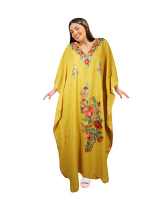  Womens Caftan Dress Yellow Floral Embroidered Kaftan L-2XL