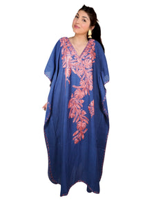  Womens Loose Kaftan Berry Blue Embroidered Dress L-2XL