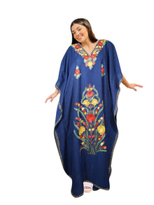  Bohemian Maxi Kaftan Muumuu Navy Blue Embroidered Caftan Dress, L-2XL