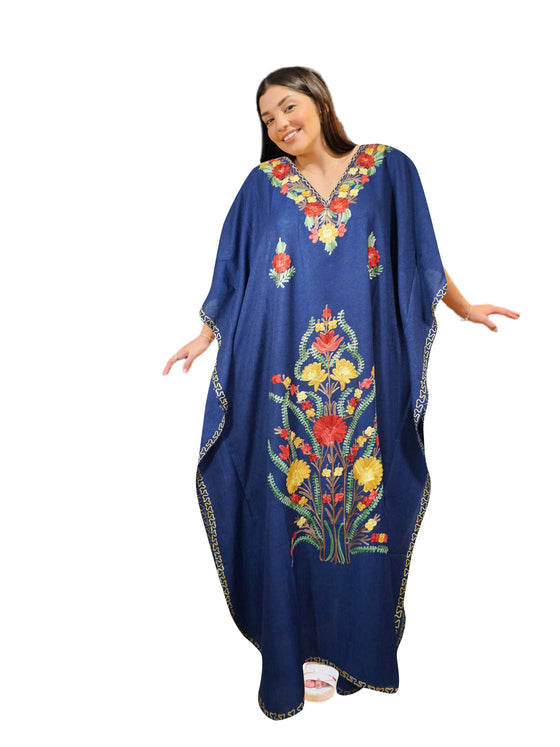 Bohemian Maxi Kaftan Muumuu Navy Blue Embroidered Caftan Dress, L-2XL