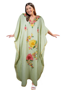  Women's Kaftan Maxi Dress Green Embroidered Caftans L-2XL