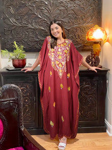  Boho Leisure Wear Maxi Kaftan Muumuu Red Embroidered Caftan Dress L-2XL