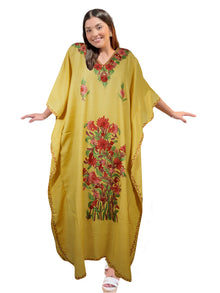  Women's Kaftan Maxi Dress, Canary Yellow Embroidered Caftans L-2XL