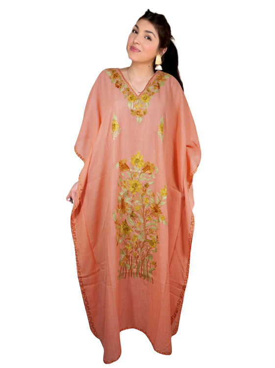 Kaftan for Women Coral Peach Floral Embroidered Caftan L-2XL