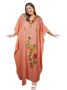  Womens Kashmiri Coral Peach Floral Embroidery Caftan L-2XL