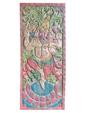 Vintage Ganesha Sliding Barn Door Colorful Carved India Wall Panel Art 84