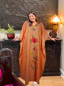  Women Kimono Kaftan Embroidered Peach Kaftan Maxi Dress L-2XL