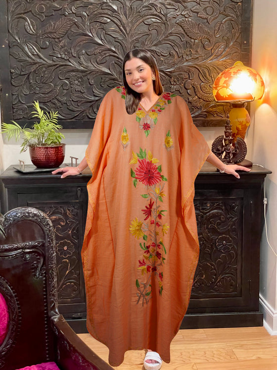 Women Kimono Kaftan Embroidered Peach Kaftan Maxi Dress L-2XL