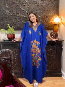  Women's Beach Maxi Dress, Navy Blue Embroidered Caftan L-2XL