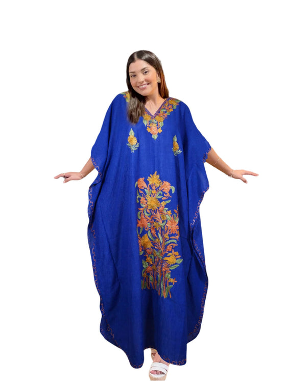 Women's Beach Maxi Dress, Navy Blue Embroidered Caftan L-2XL