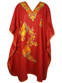  Womens Kaftan Midi Dress, Embroidered Floral Beach Cover Up, Orange Midi Dresses L-2X