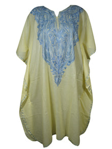  Womens Short Kaftan Dresses, Embellished Floral Yellow Lounger Cover Up Dresses L-2X