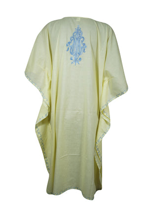 Womens Short Kaftan Dresses, Embellished Floral Yellow Lounger Cover Up Dresses L-2X