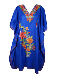  Womens Short Kimono, Kimono dress, Embroidered Blue, Coverup, Caftan Dresses L-2X