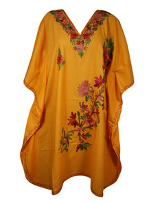  Women's Summer Short Beach Dress, Yellow Embroidered, Oversized Caftan Dresses L-2X