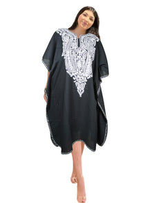  Womens Embroidered Kaftan Short Dress, Black Caftan Kimono Oversized Dresses L-2X