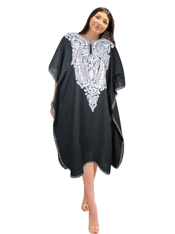 Womens Embroidered Kaftan Short Dress, Black Caftan Kimono Oversized Dresses L-2X