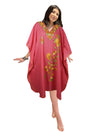 Womens Embroidered Kaftan Short Dress, Cotton Pink Kimono Oversized Dresses L-2X