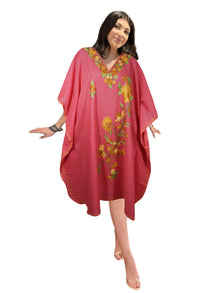  Womens Embroidered Kaftan Short Dress, Cotton Pink Kimono Oversized Dresses L-2X