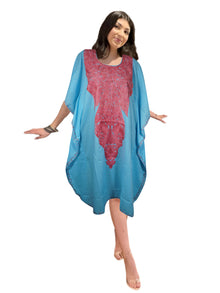  Womens Sea Blue Kaftan Dress, Mid Length, Cotton Embroidered Caftan Dresses L-2X