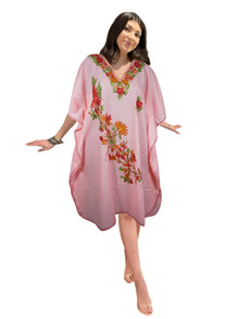  Womens Pink Short Kaftan Dress, Cotton, Embroidered Dresses Leisure Wear L-2X