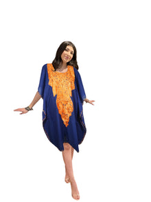  Blue Embroidered Kaftan Dress Cotton Caftan Leisure Wear L-2X