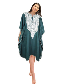  Cotton Green Embroidered Caftan Dresses For Womens, Leisure Wear Hostess Dress L-2X